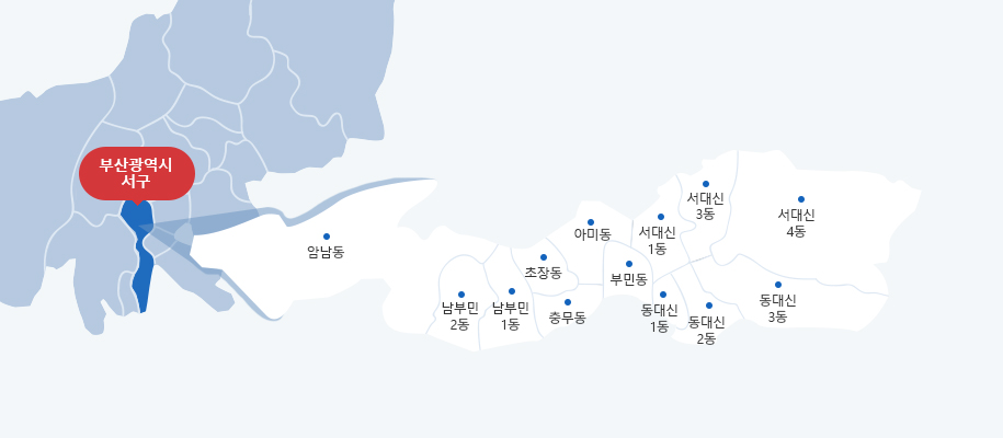 부산광역시 서구는 암남동, 남부민2동, 남부민1동, 초장동, 충무동, 아미동, 부민동, 서대신1동, 서대신3동, 서대신4동, 동대신1동, 동대신2동, 동대신3동으로 구성