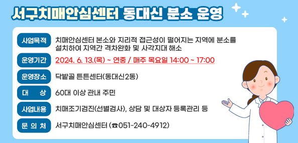 서구치매안심센터 동대신 분소 운영

사업목적 치매안심센터 본소(서구가족복지센터, 충무동)와 지리적 접근성이 떨어지는 지역에 분소를 설치하여 지역간 격차완화 및 사각지대 해소
운영기간 2024. 6. 13.(목) ~ 연중 / 매주 목요일 14:00 ~ 17:00
운영장소 닥밭골 튼튼센터(동대신2동)
대상 60대 이상 관내 주민
사업내용 치매조기검진(선별검사), 상담 및 대상자 등록관리 등
문의처 서구치매안심센터(☎051-240-4912)